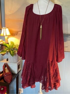 indigo soul Wine Red Crochet-Hem Peasant Tunic